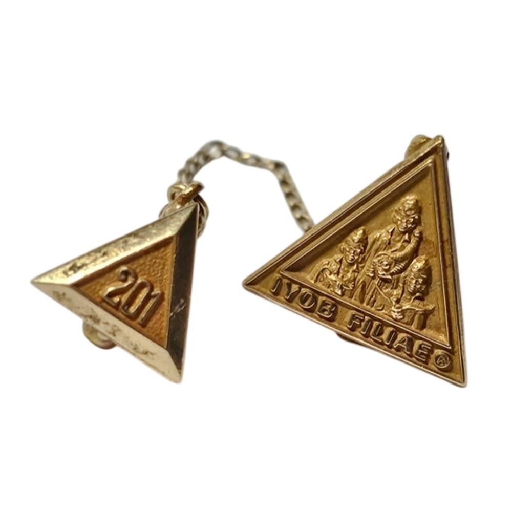 Antique Job's Daughters 10k Gold Double Brooch Pin Guard Chain